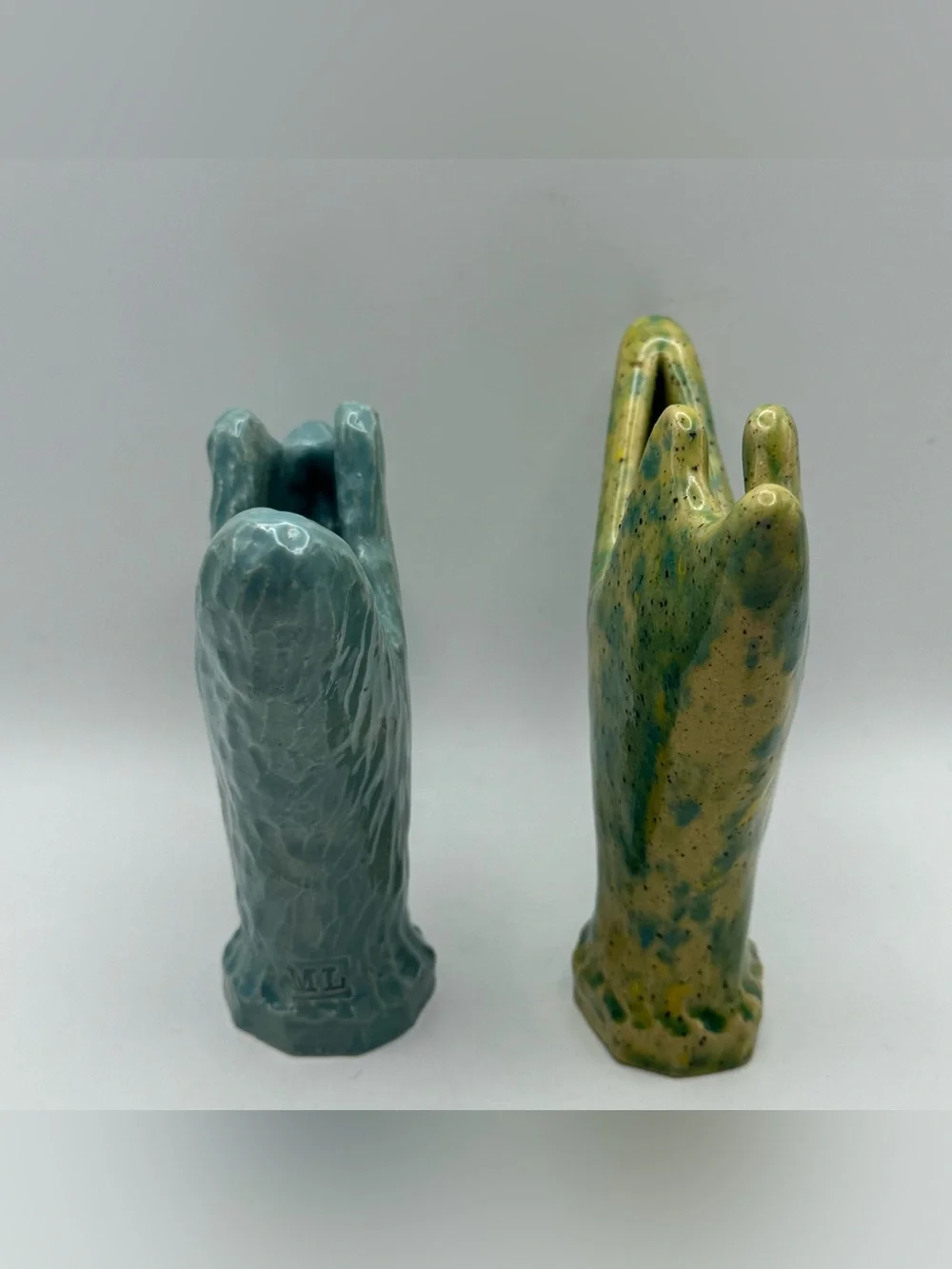 Vintage ML Studio Art Pottery Vases Pair Organic Sculptural Blue Green